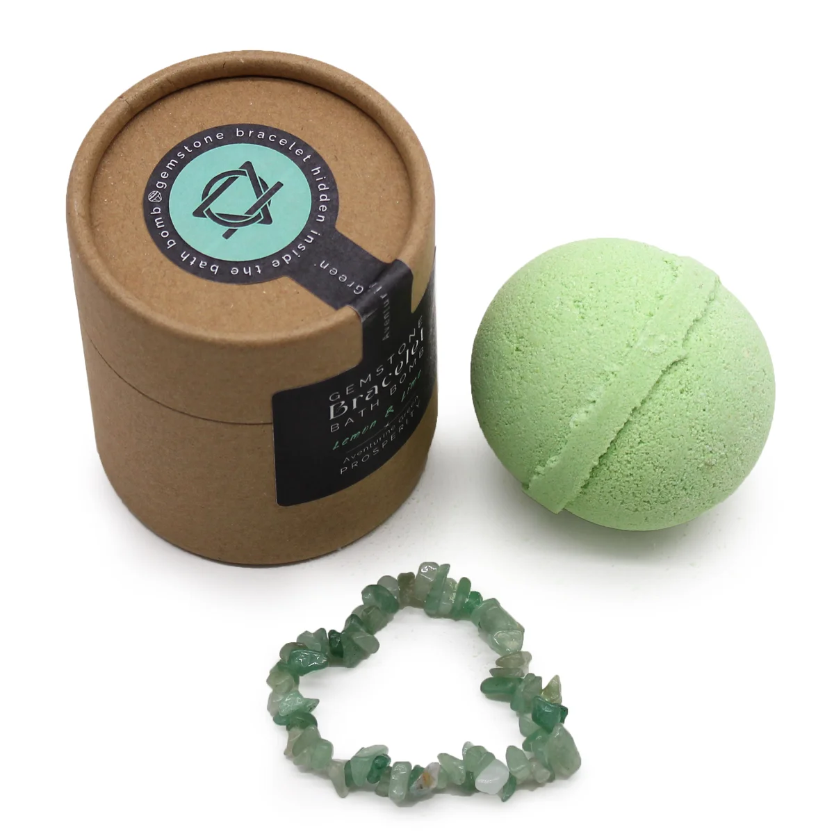Green aventurine bath bomb shaped like a bracelet, vibrant green gem embedded, flickering crystals.