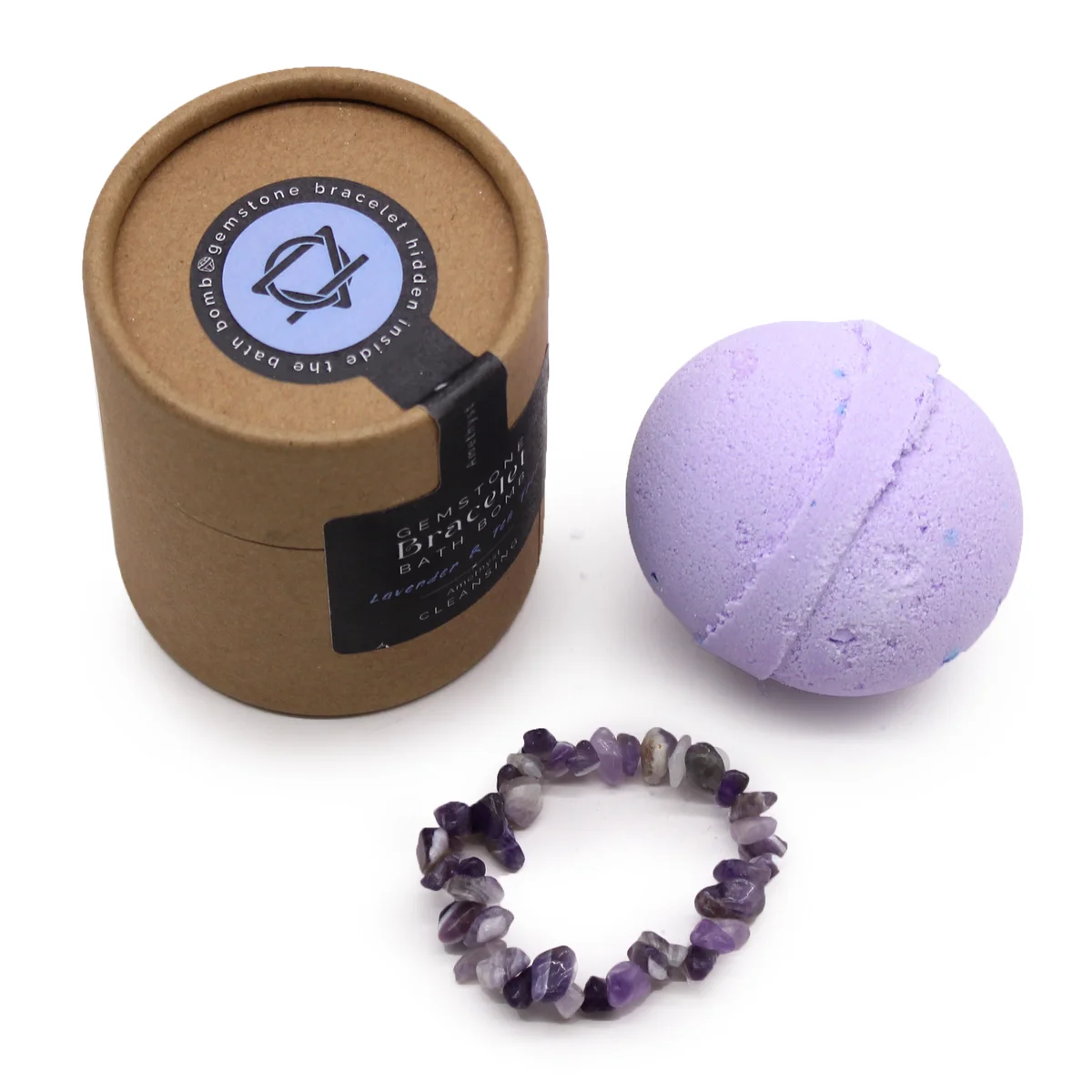 Bath bomb with bracelet, amethyst gem shape, vibrant purple crystals