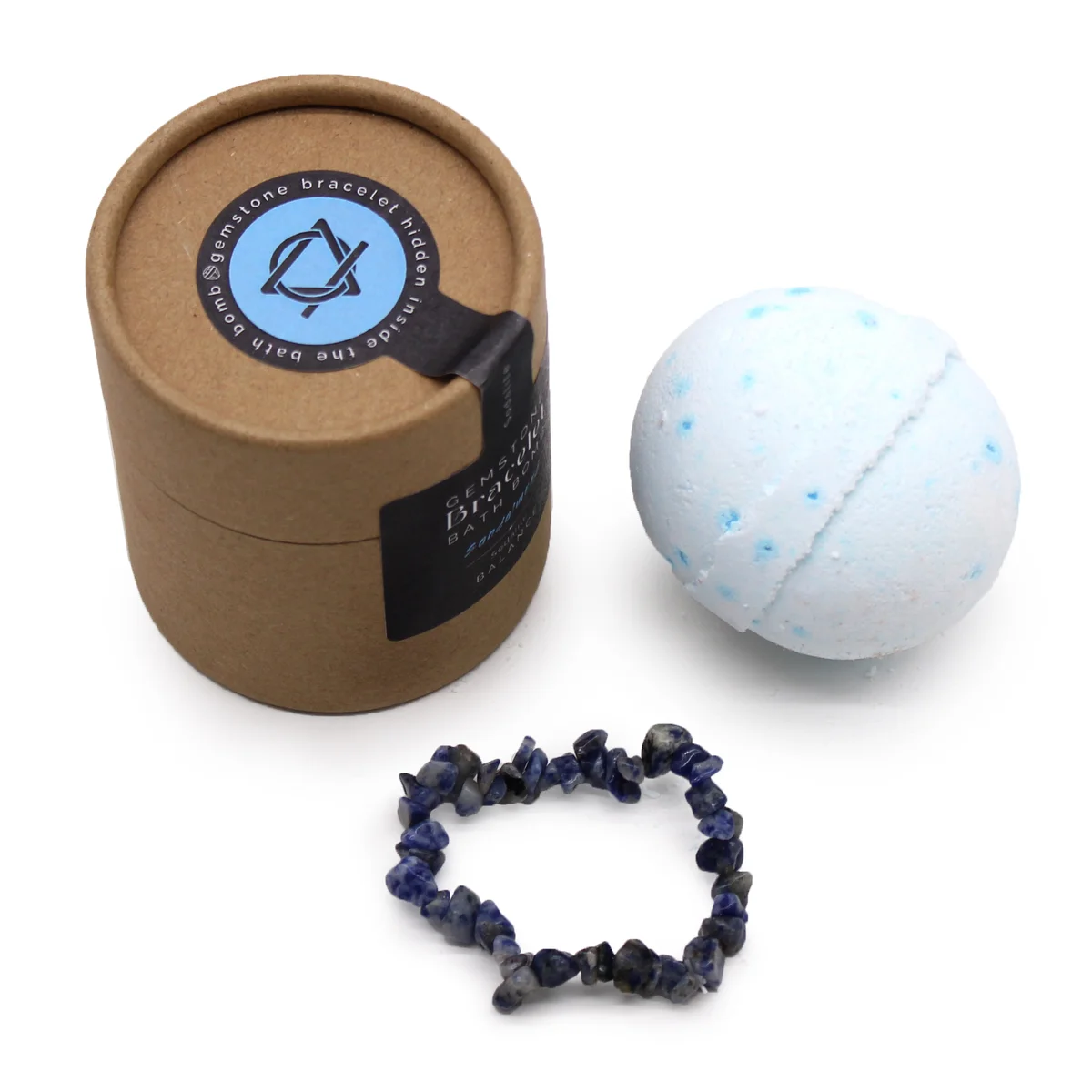 Blue sodalite bath bomb with a woven bracelet wrapped around it, a bath bomb with bracelet.