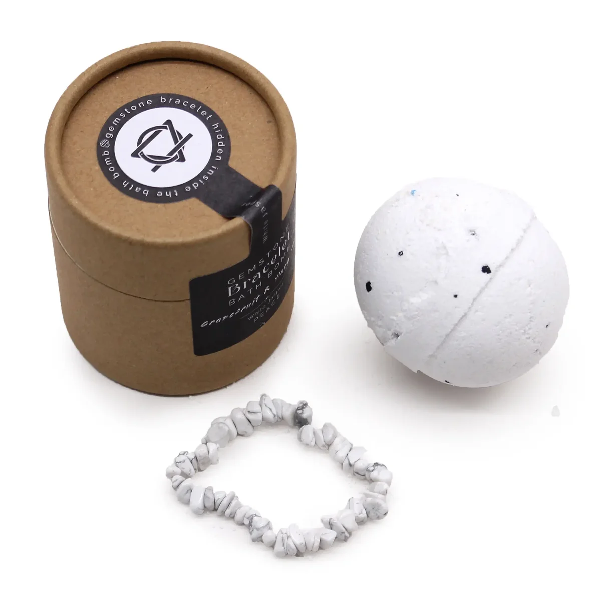 White jasper gem bracelet bath bomb powder displayed in its white packaging.