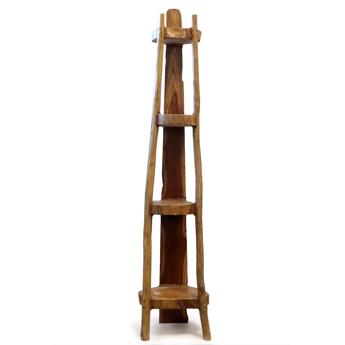 Natural teak corner unit with four shelves, 135 cm high, wooden corner storage solution