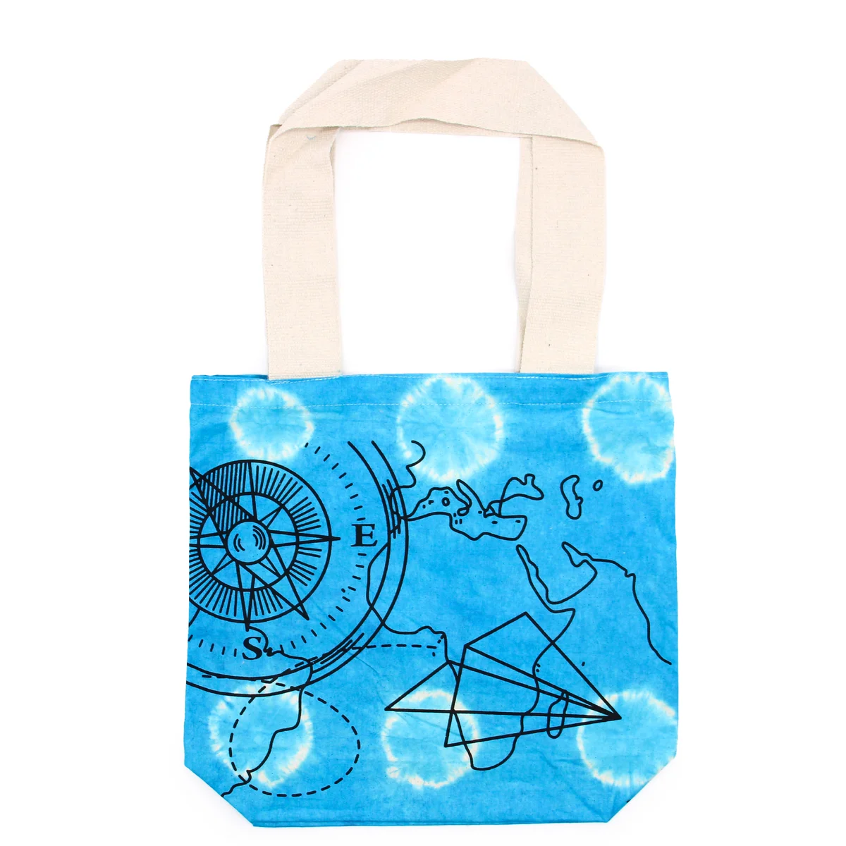Blue tye‑dye compass cotton tote bag with natural handle, 38x42x12cm, 6oz capacity.
