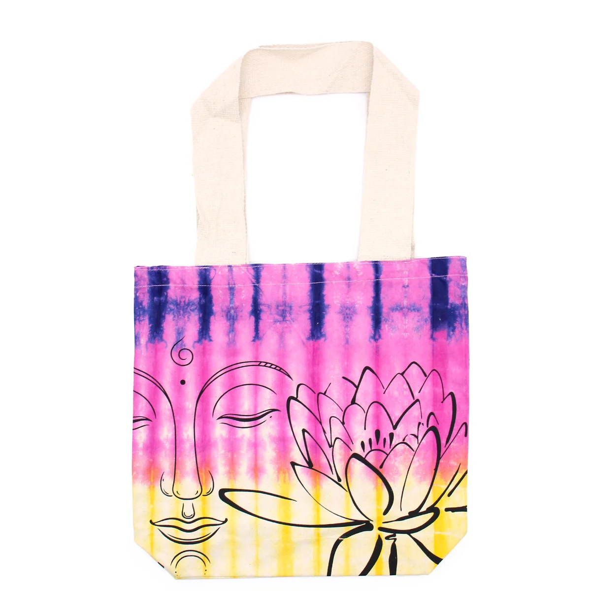 Soft tie‑dye cotton lotus buddha bag with natural handle, multicolour design (38×42×12cm).
