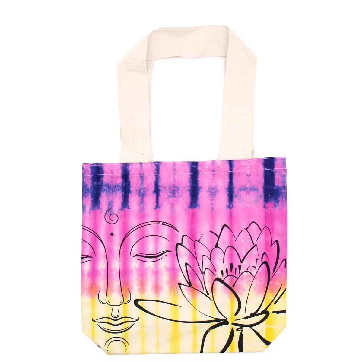 Multicolour tye‑dye cotton tote bag bearing a Lotus Buddha pattern, featuring a natural handle