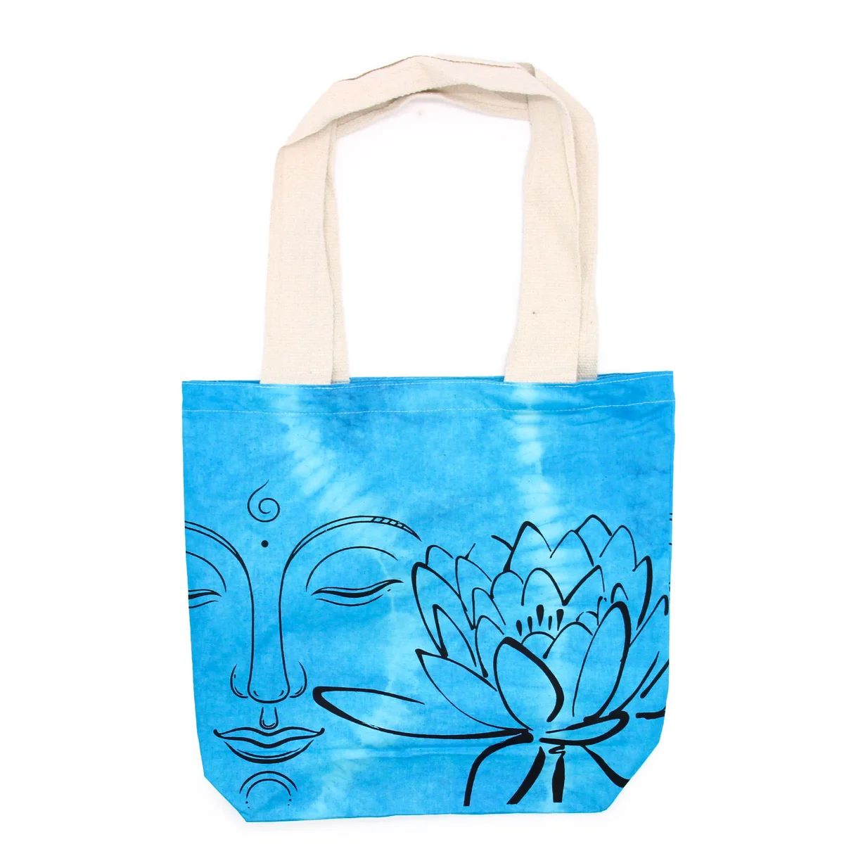 Tie-dye cotton bag in blue with a lotus Buddha pattern, natural handle, lightweight 6oz, measuring 38x42x12cm.