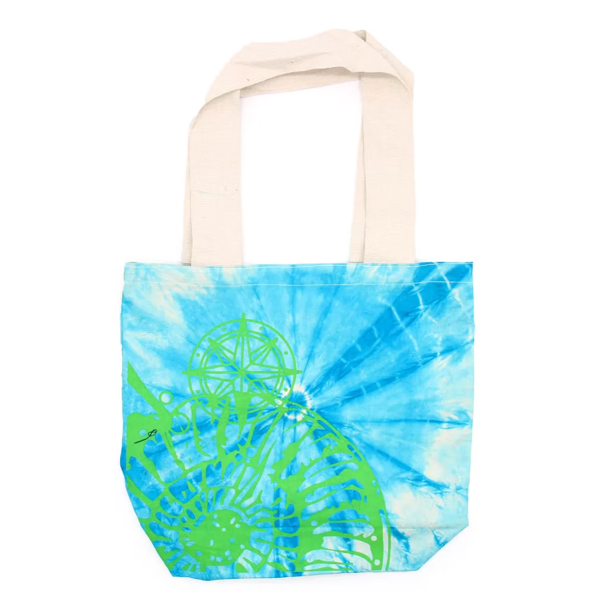 Blue green tote with sea shell design, green handle, soft cotton texture.