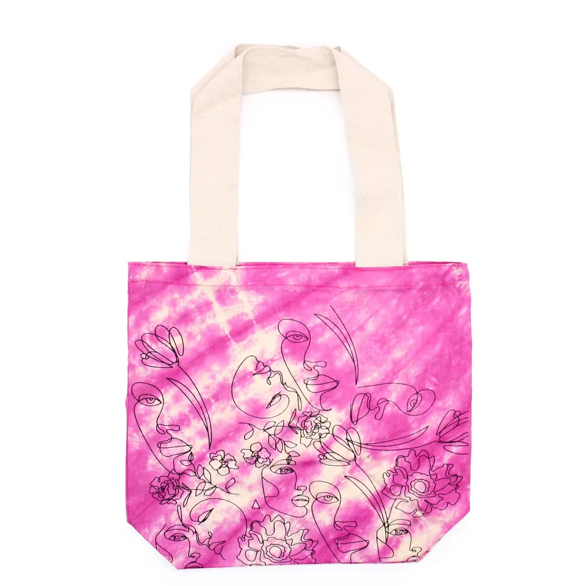 Stylish tie dye bag with natural handle, cotton, 38x42x12cm, pretty face design.