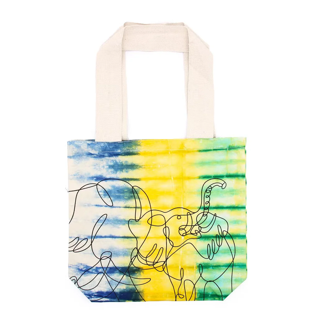 Multi colour bag in cotton with a vivid elephant pattern, natural handle, 6oz capacity, 38x42x12cm dimensions.
