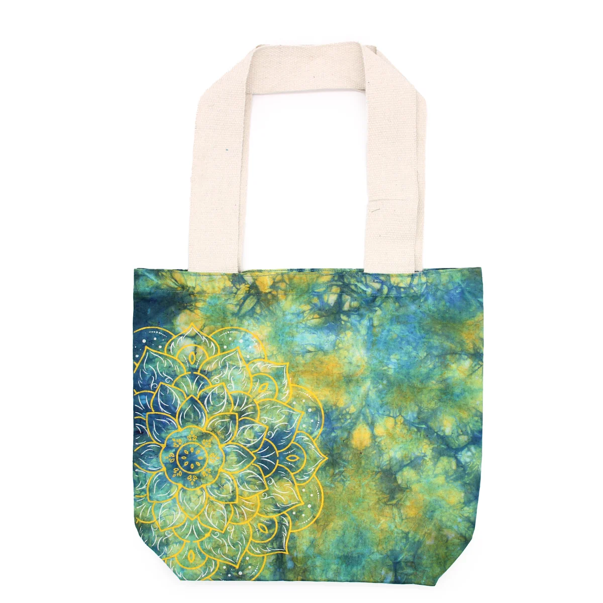 Green blue bag with mandela design, cotton material, natural handle.