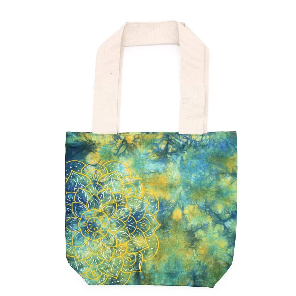 Natural handle tote with tye‑dye cotton bag in green/blue Mandela pattern