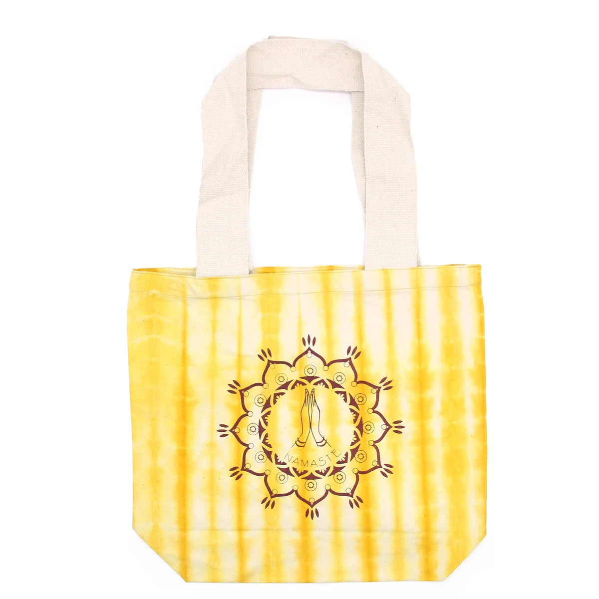 Yellow tote bag with natural brown handle, tied bow, tye‑dye cotton material, 38x42x12cm.