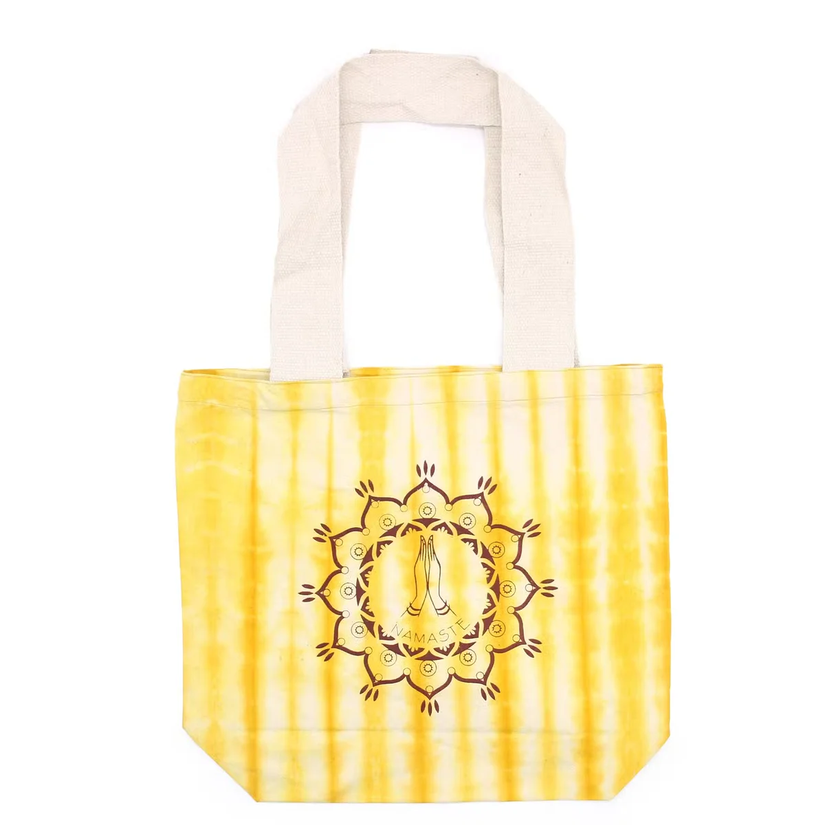 Vibrant yellow tye dye bag with natural handle, showing cotton texture and 6oz size (38x42x12cm)