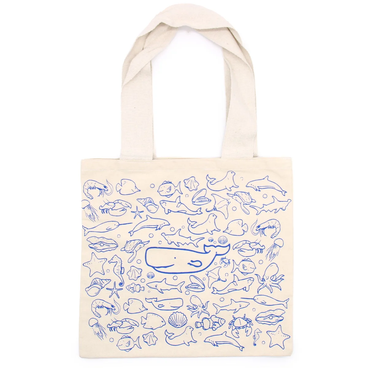 Big cotton shopping bag 38x42cm with sea life design on 10oz fabric displayed against white background