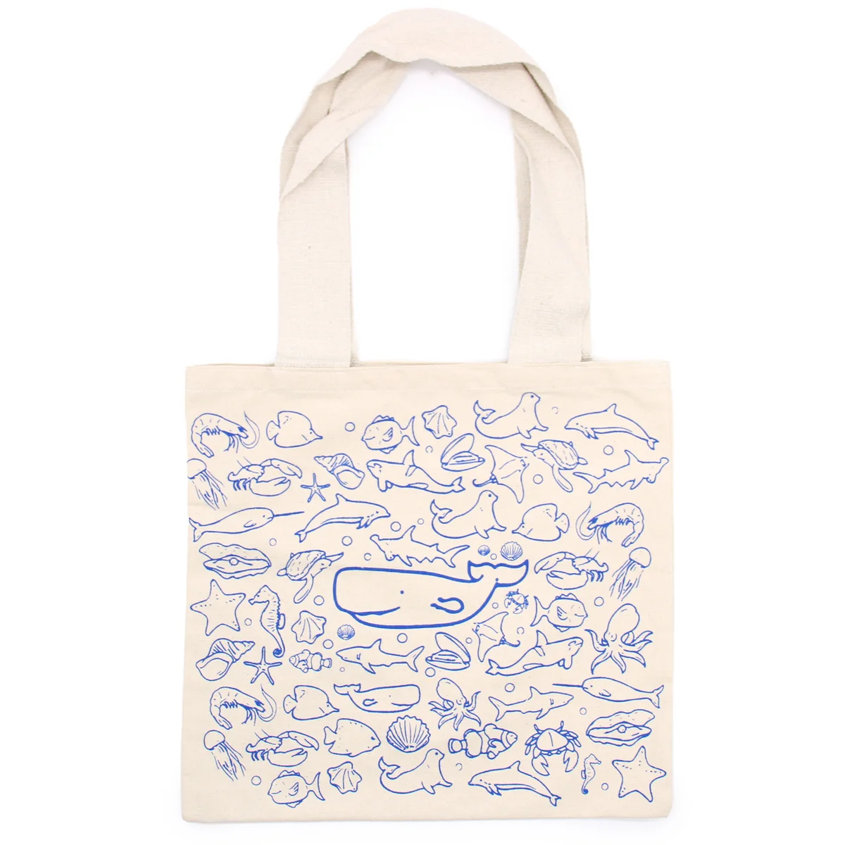 Large 38x42cm sea life shopping bag made of 10oz cotton with ocean-themed illustrations on natural fabric background