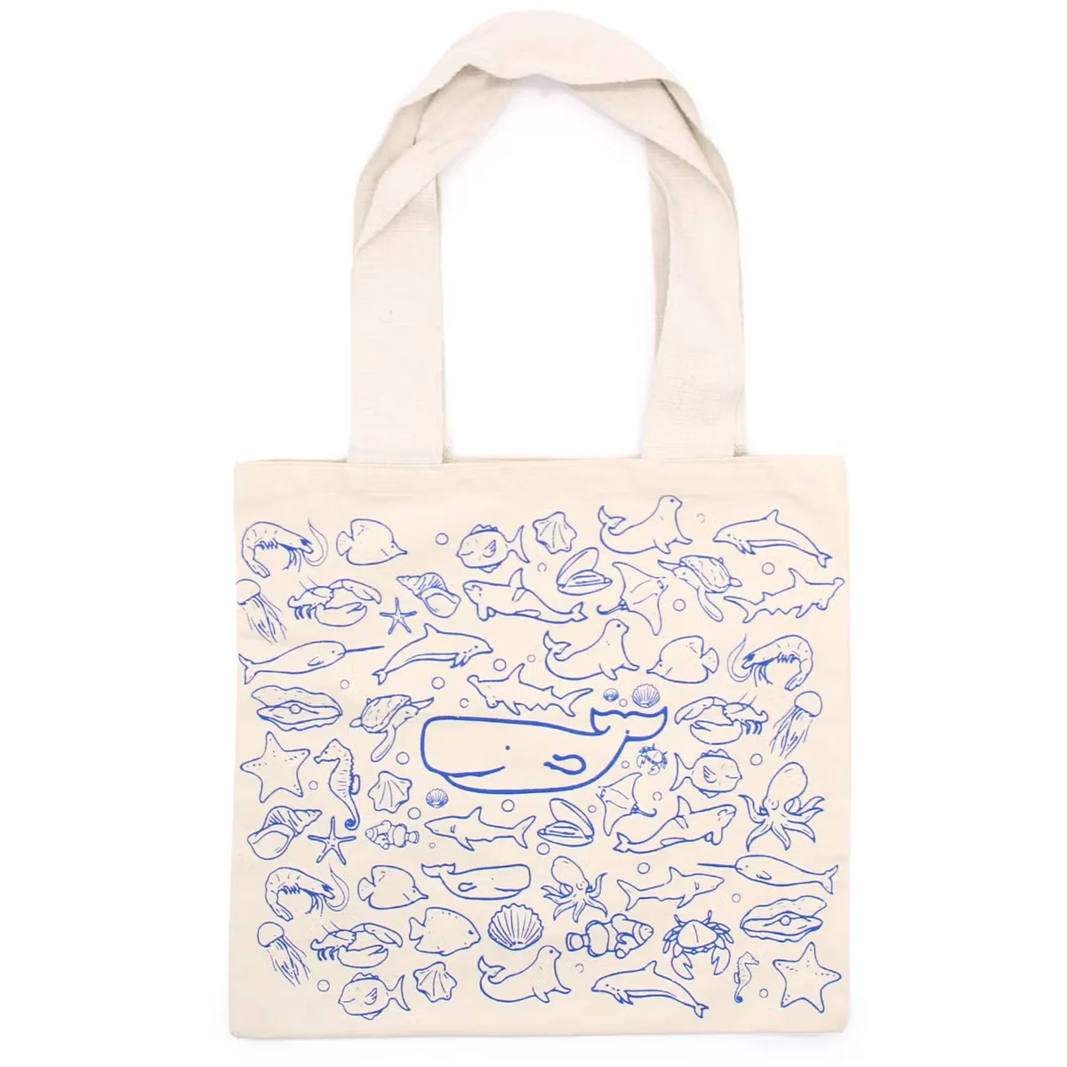 Big 10oz cotton tote bag with sea life print, measuring 38x42cm, ideal for shopping and everyday use