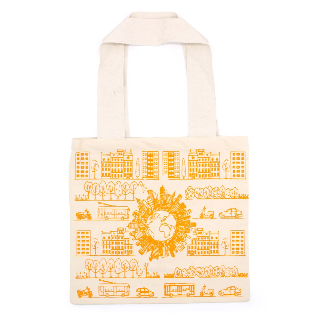 Large cotton shopping bag with City Life print, measuring 38x42cm, made from 10oz cotton fabric