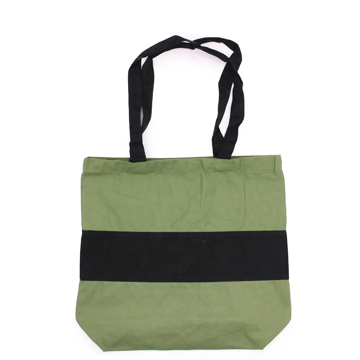 Green and black tote bag made of two-tone 10oz cotton, measuring 38x42x12cm, shown upright with handles visible