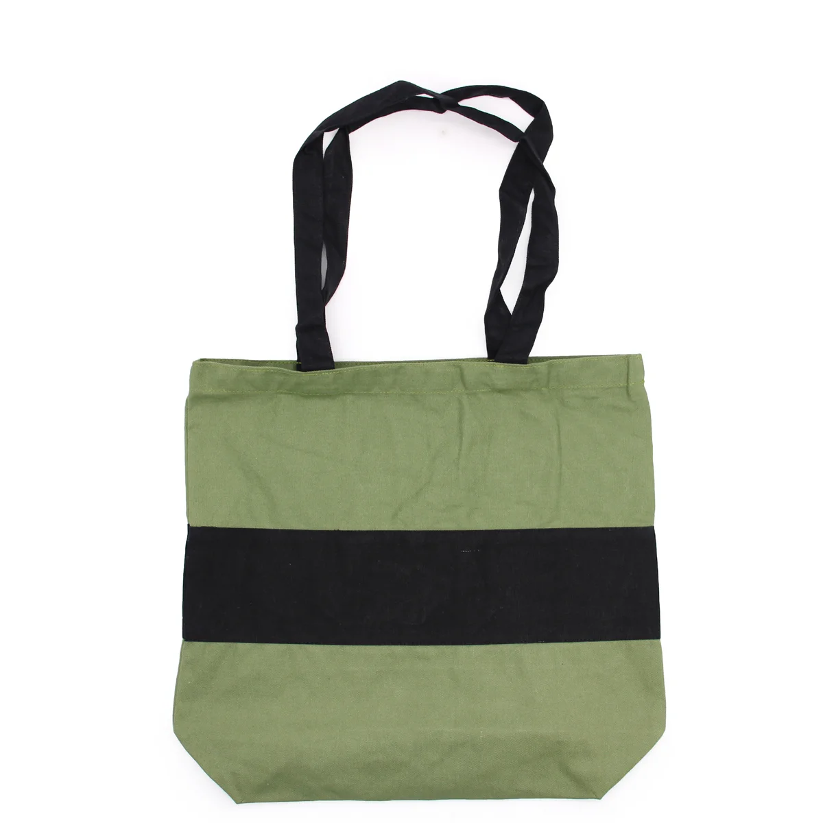 Green and black two tone 10oz cotton bag with 38x42x12cm dimensions shown from side angle
