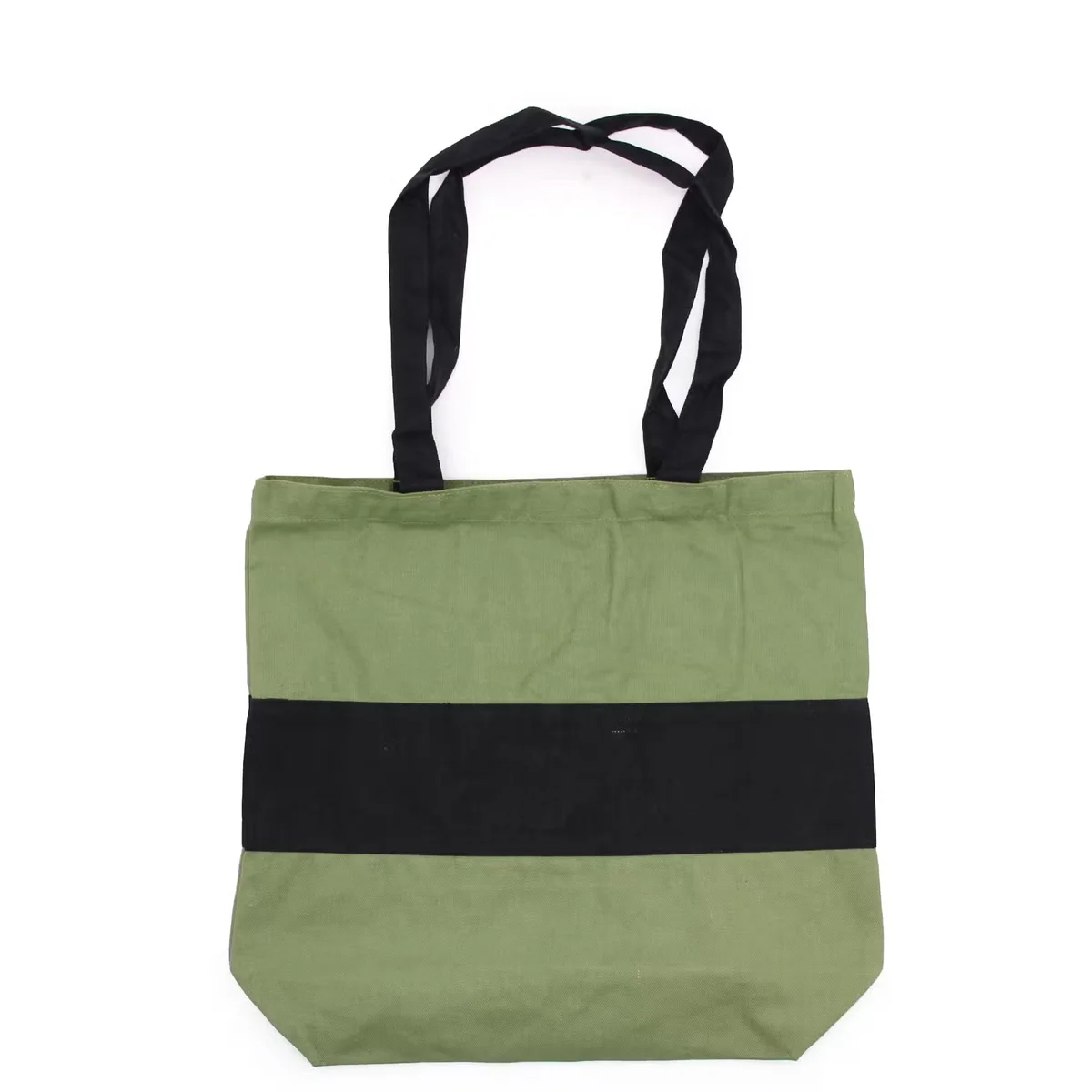 Green and black two tone cotton 38x42x12cm bag with sturdy handles on a white background