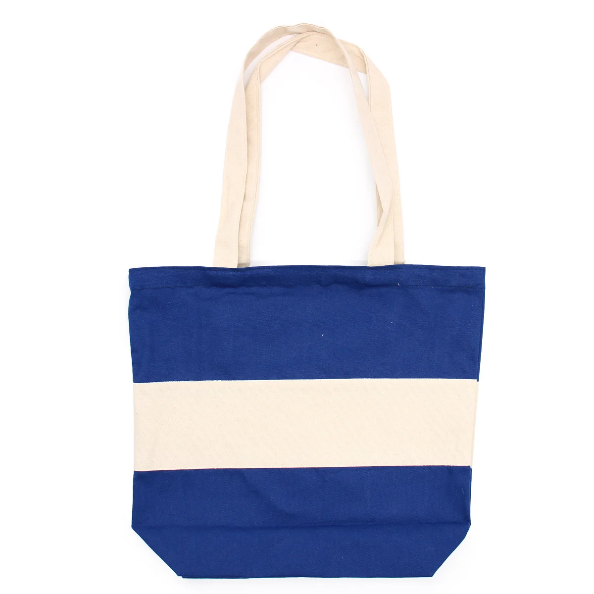 Blue and natural two tone 10oz cotton tote bag measuring 38x42x12cm displayed against white background