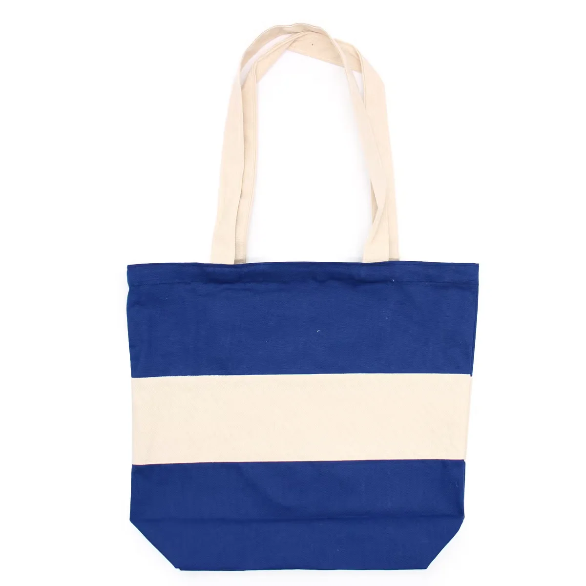 Blue and natural two tone 38x42x12cm cotton bag with sturdy handles and spacious design on white background