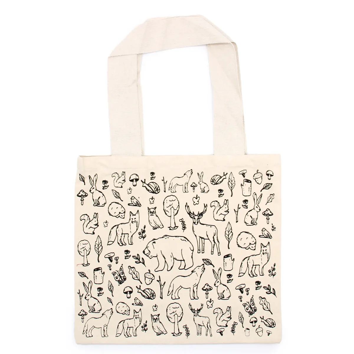 Large cotton bag with forest life design, measuring 38x42cm, made from 10oz cotton fabric for shopping use