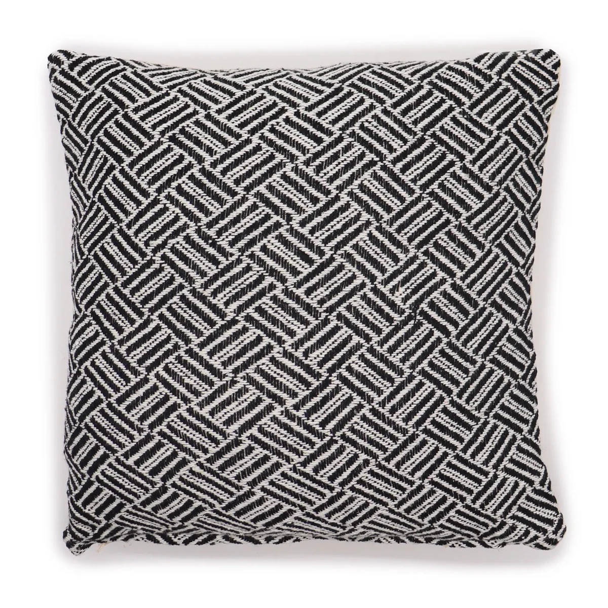 Black cushion cover with criss-cross pattern, classic design, 40x40cm size on plain white background