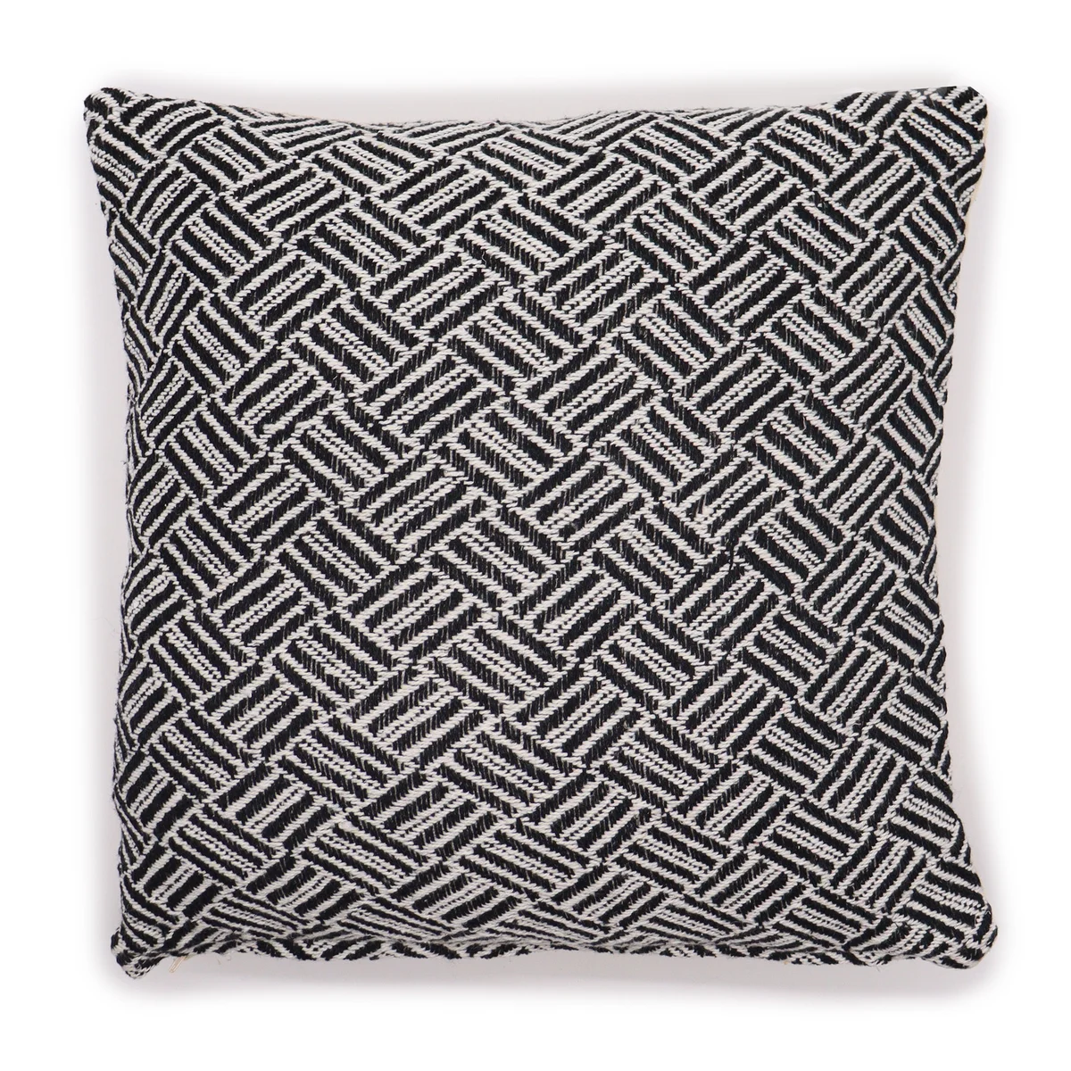 Black criss-cross cushion cover with classic pattern, square 40x40cm size, soft fabric texture visible