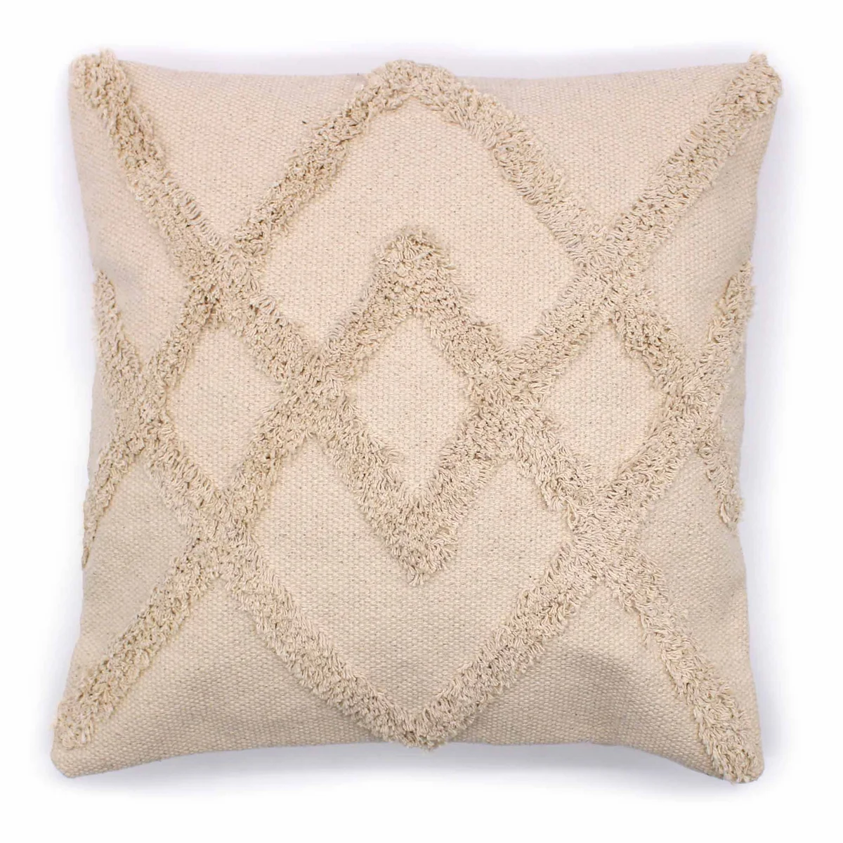Cream classic cushion cover with lux criss-cross pattern, 45x45cm square shape on plain background