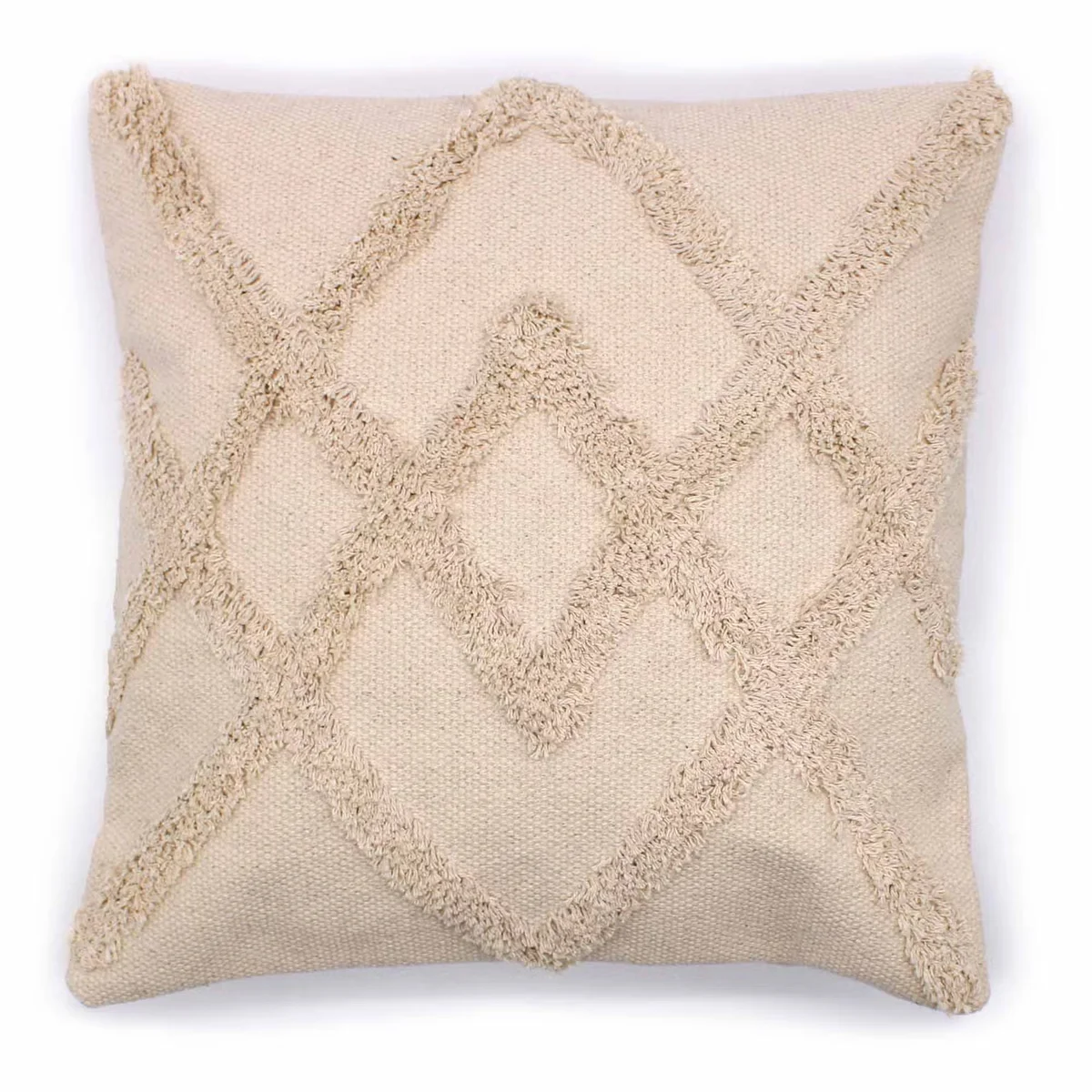 Cream cushion cover with lux criss-cross pattern, square 45x45cm cushion cover on white background