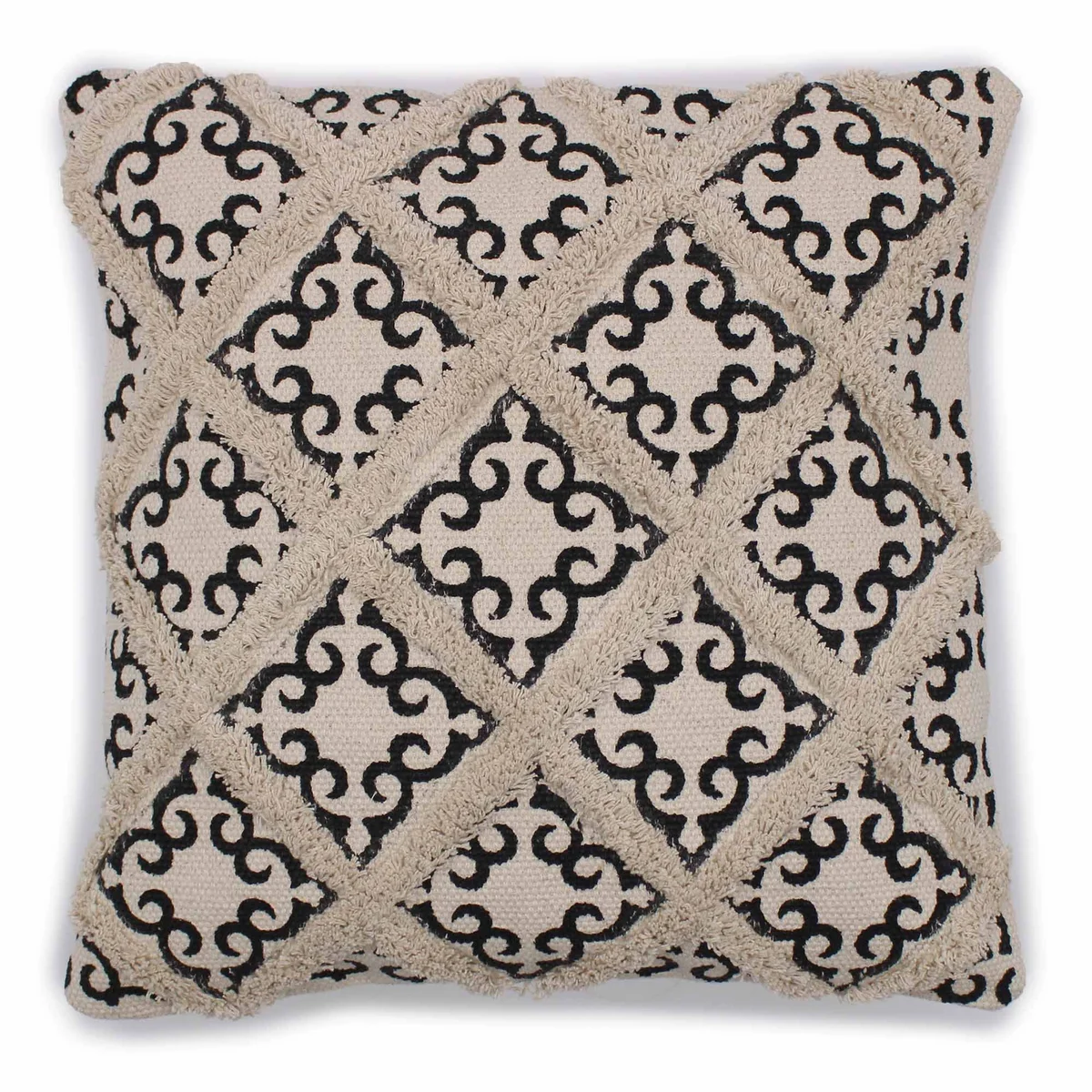 Classic cushion cover with lux criss-cross pattern and print, square 45x45cm in neutral tones