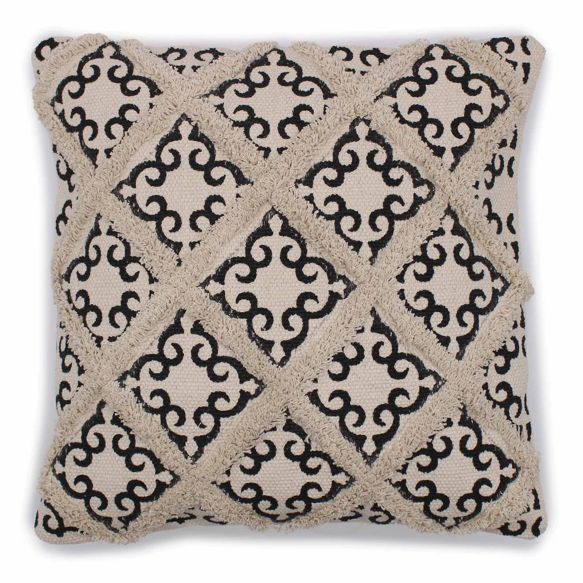 Lux criss-cross printed cushion cover in cream and beige tones, 45x45cm square shape on a sofa