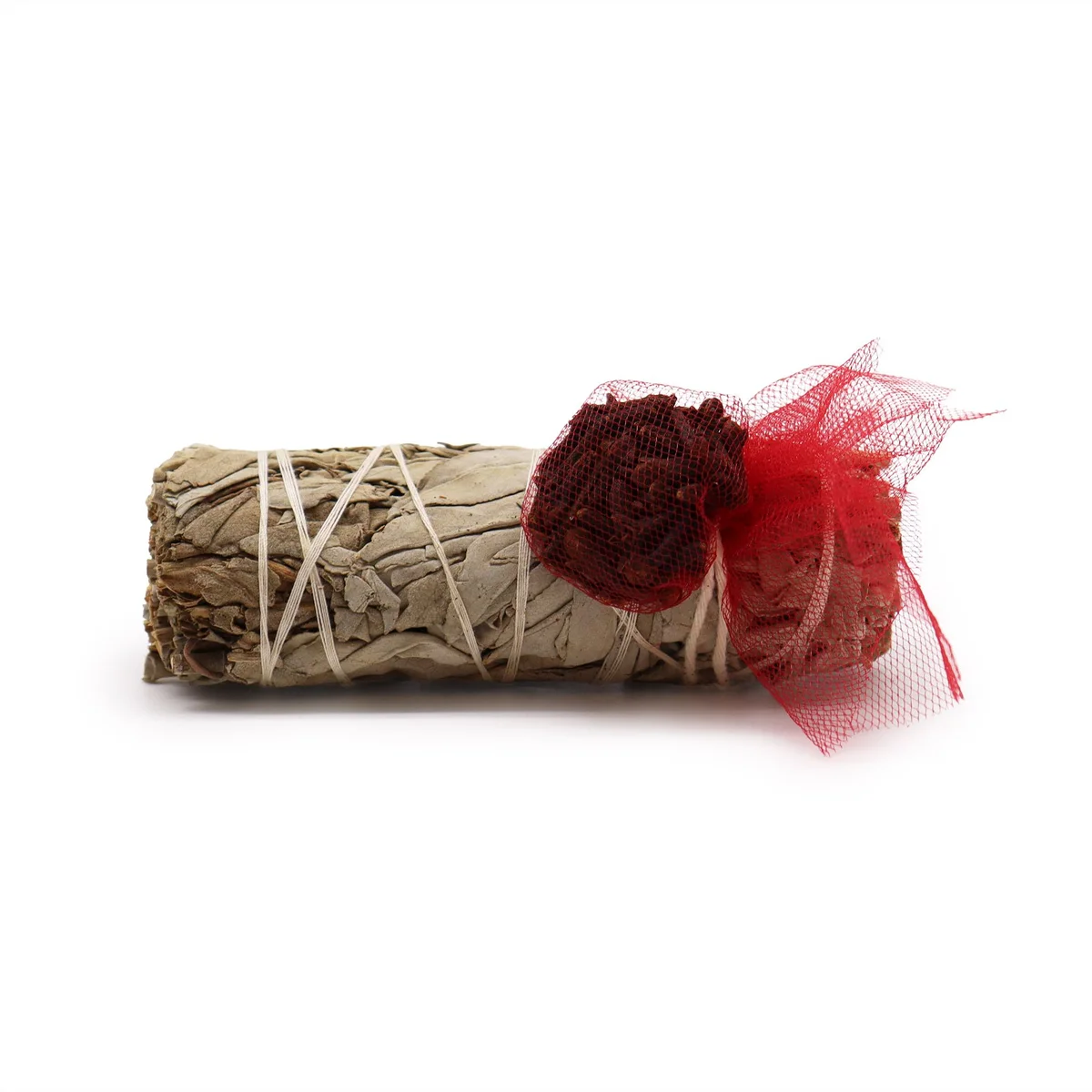 White sage smudge stick wrapped with clove, measuring 10cm, used for cleansing and aromatic purposes