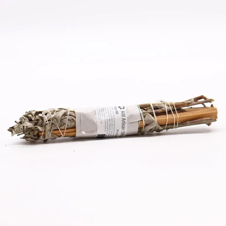 White sage smudge stick wrapped in Mexican palo, ready for ceremonial use