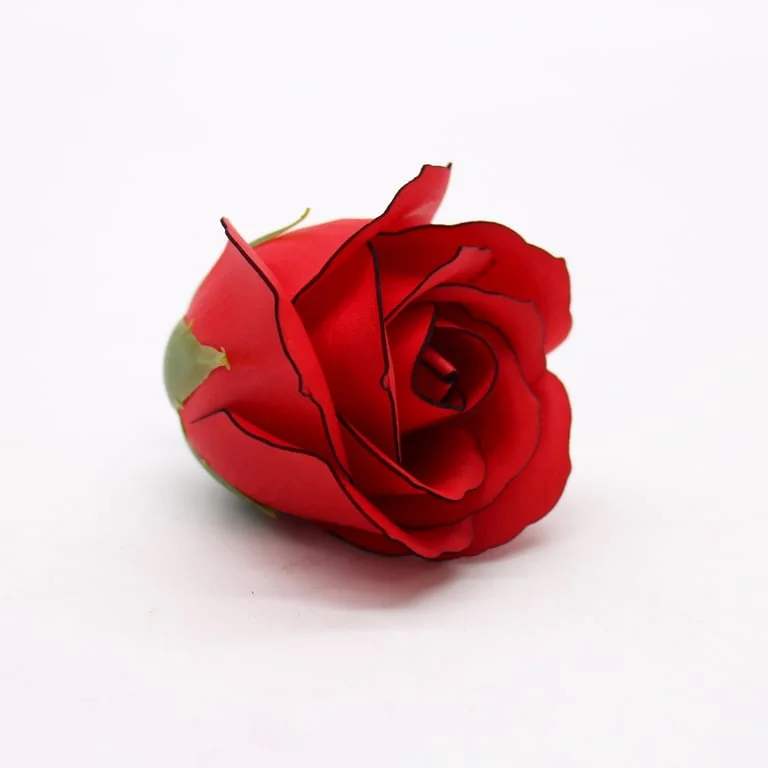 Craft soap flowers showing a medium red rose shaped bar with a black rim, glossy surface