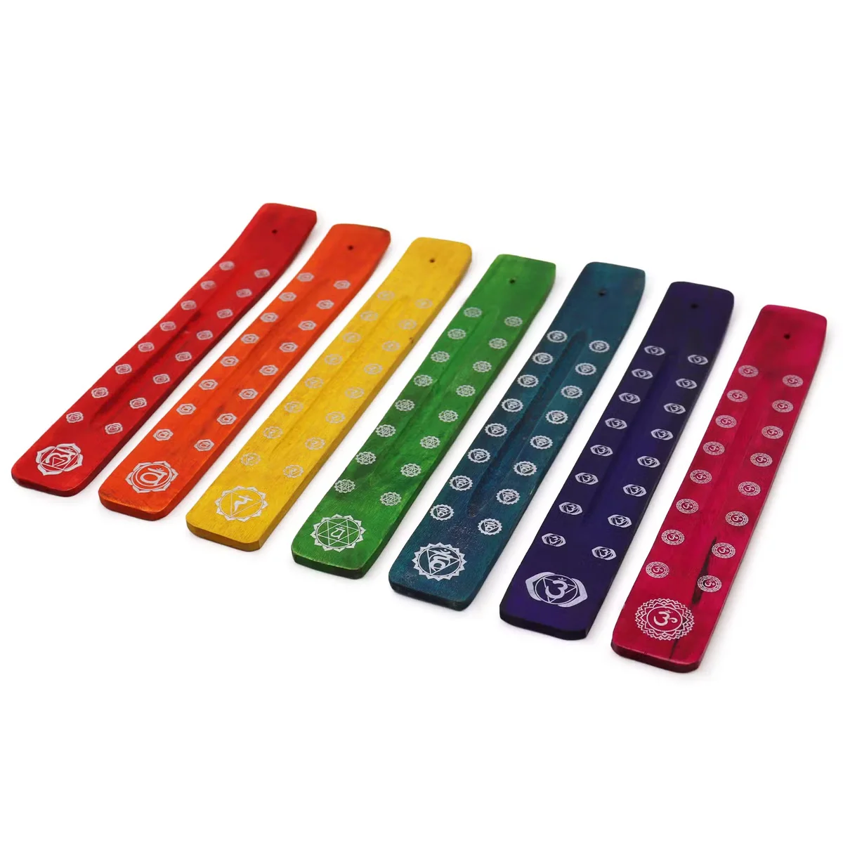 Set of 7 chakra design ashcatchers displayed with colorful patterns representing energy centers
