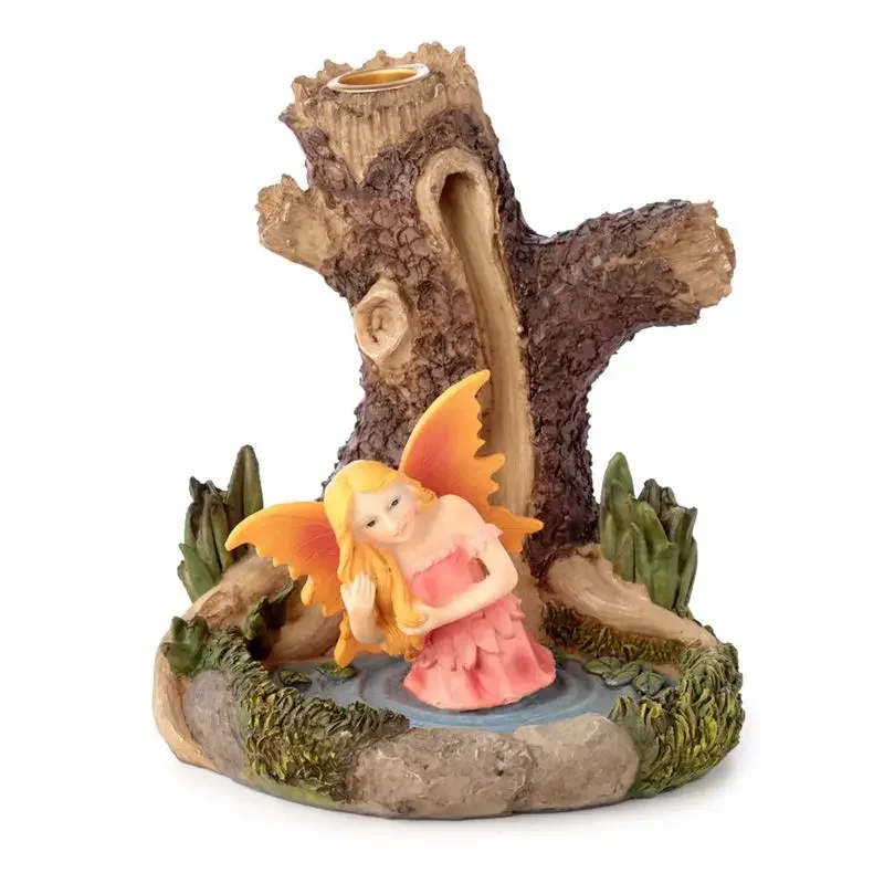Ancient tree design fairy lake incense burner with backflow feature on a wooden base