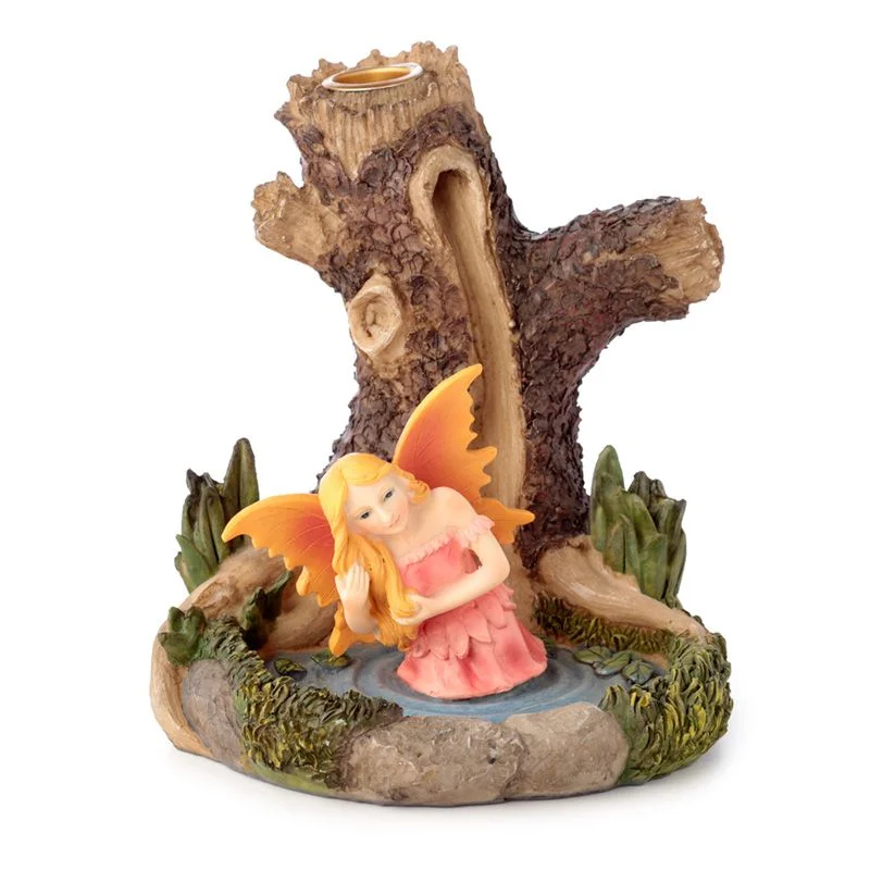 Ancient tree incense holder with fairy and lake design, showcasing backflow incense burner emitting smoke cascading down the tree