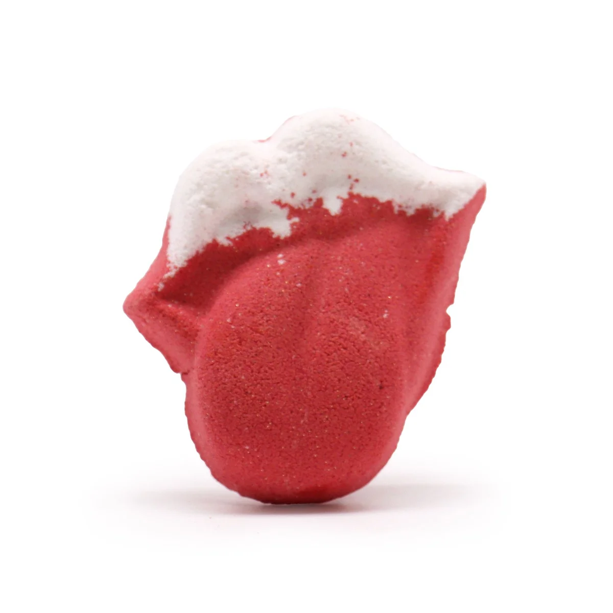 Round pink lips bath bomb weighing 60g on a plain white background