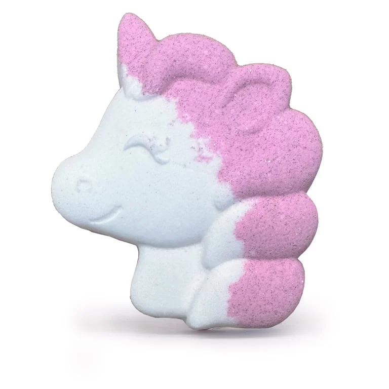 Round pastel-colored unicorn bath bomb weighing 100g on a white background