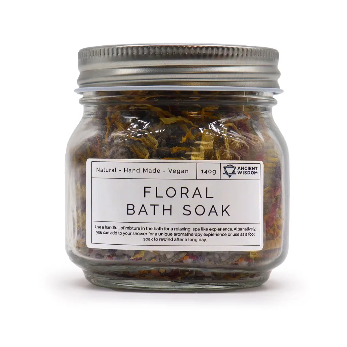 Natural floral bath soak in a 140g container, ideal bath soak gift for relaxation and pampering