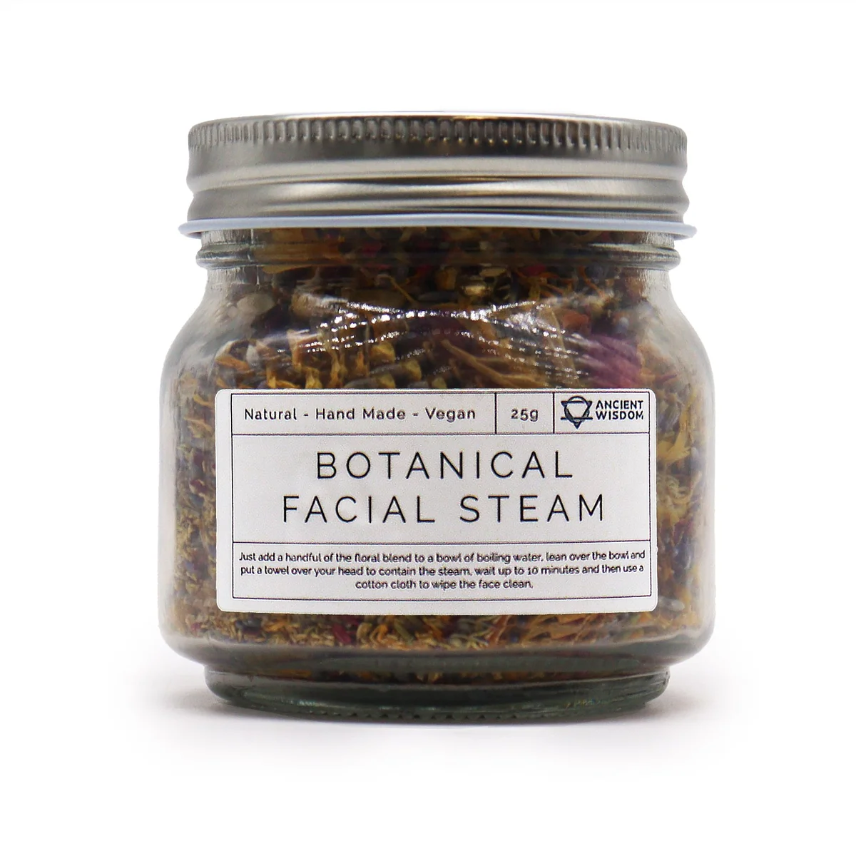 Jar of botanical facial steam blend with natural herbs and flowers on a white background, 250g packaging visible