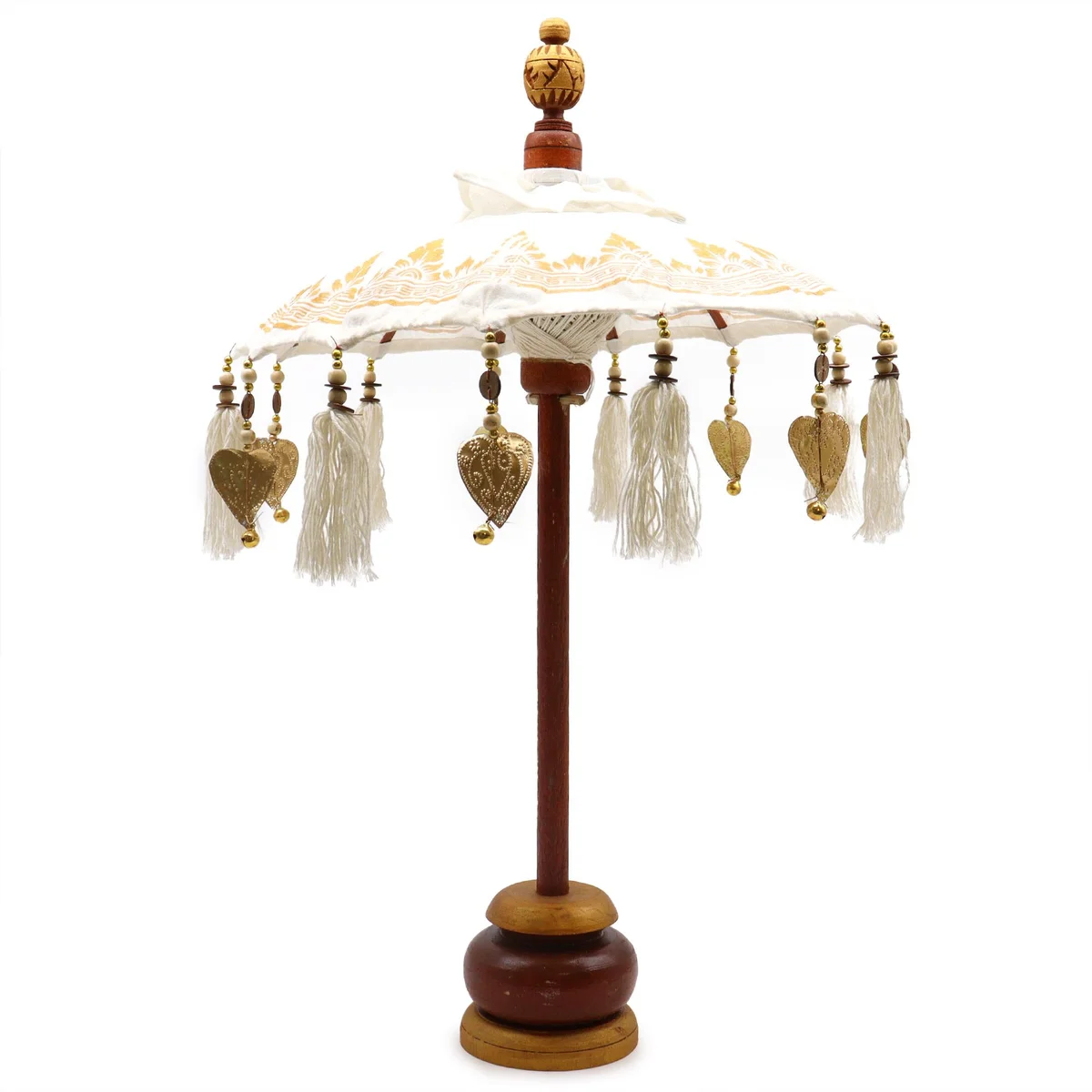 Bali home decor parasol made of canvas with gold decorative accents, 40cm diameter, shown fully opened against white background
