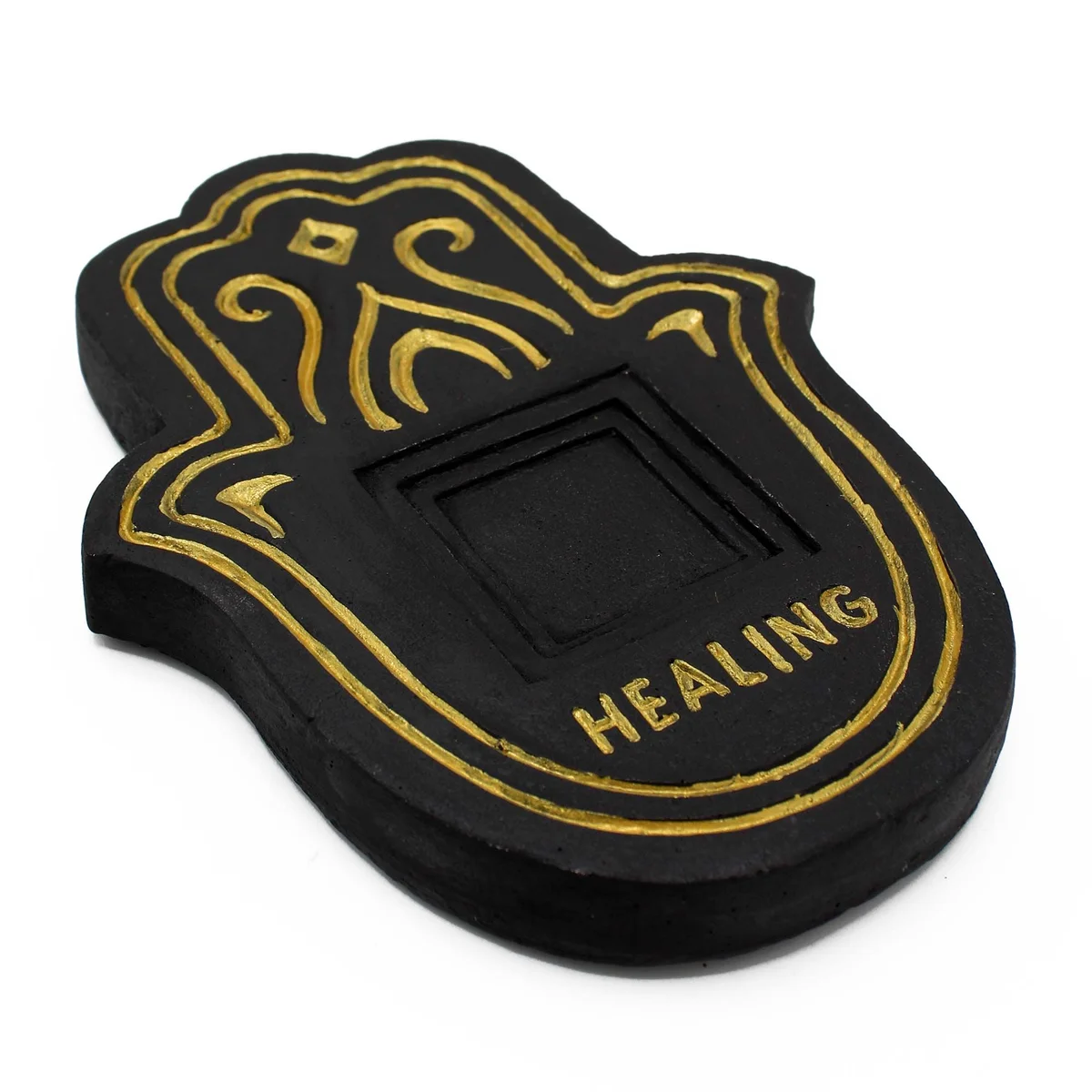 Black and gold lava-stone effect incense plate with textured surface for holding incense sticks or cones