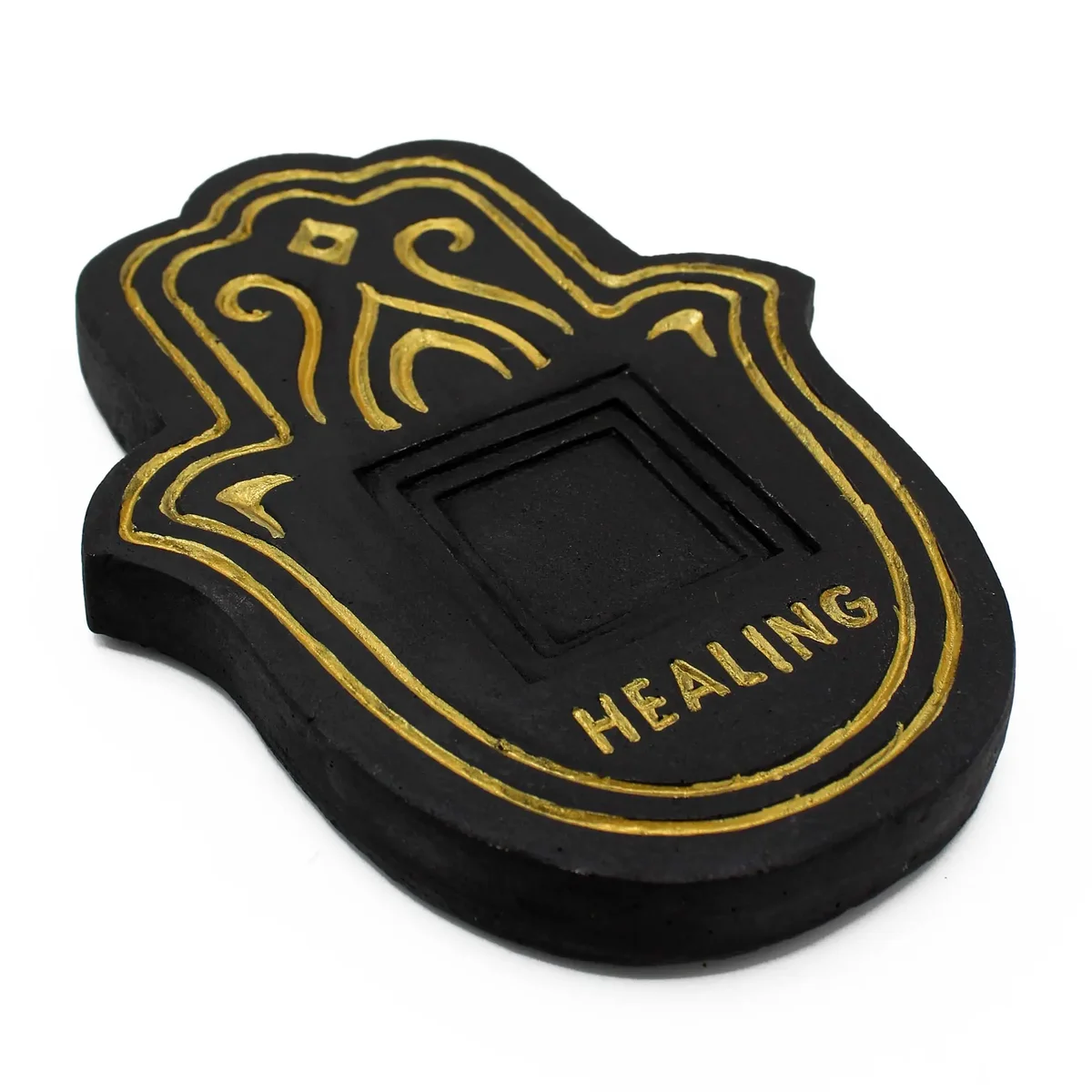 Black and gold incense plate with lava-stone effect, round shape for holding incense sticks or cones