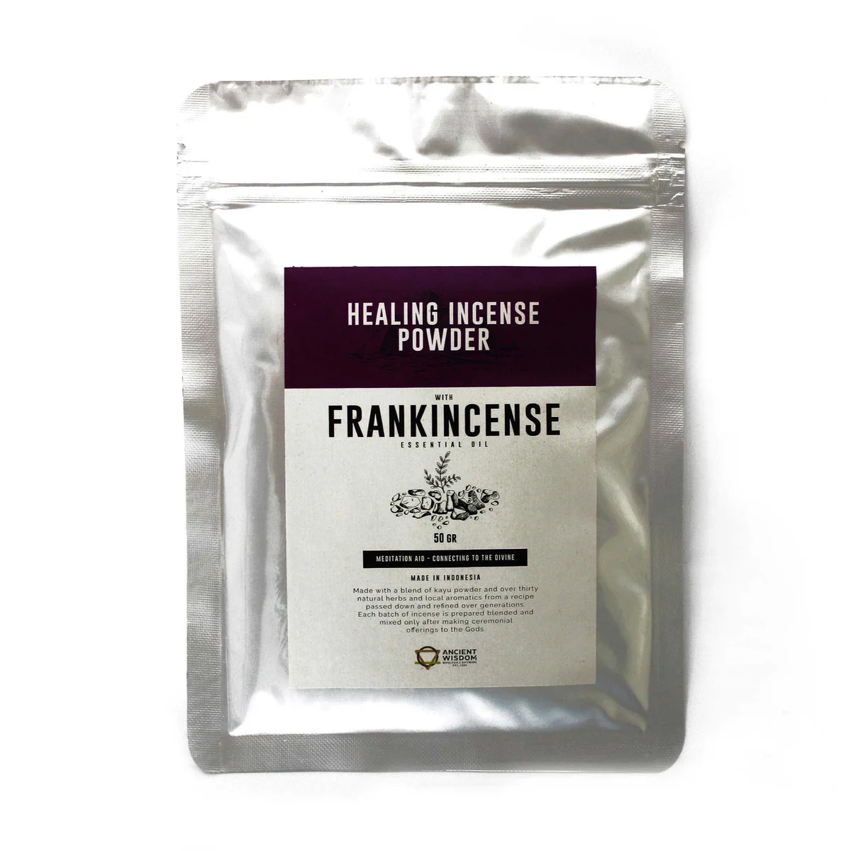 Small 50gm packet of healing incense powder with frankincense scent on plain white background