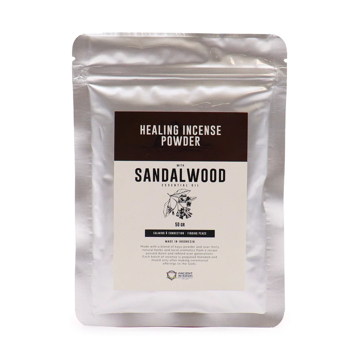 Small jar of healing incense powder sandalwood 50gm with wooden scoop on white background