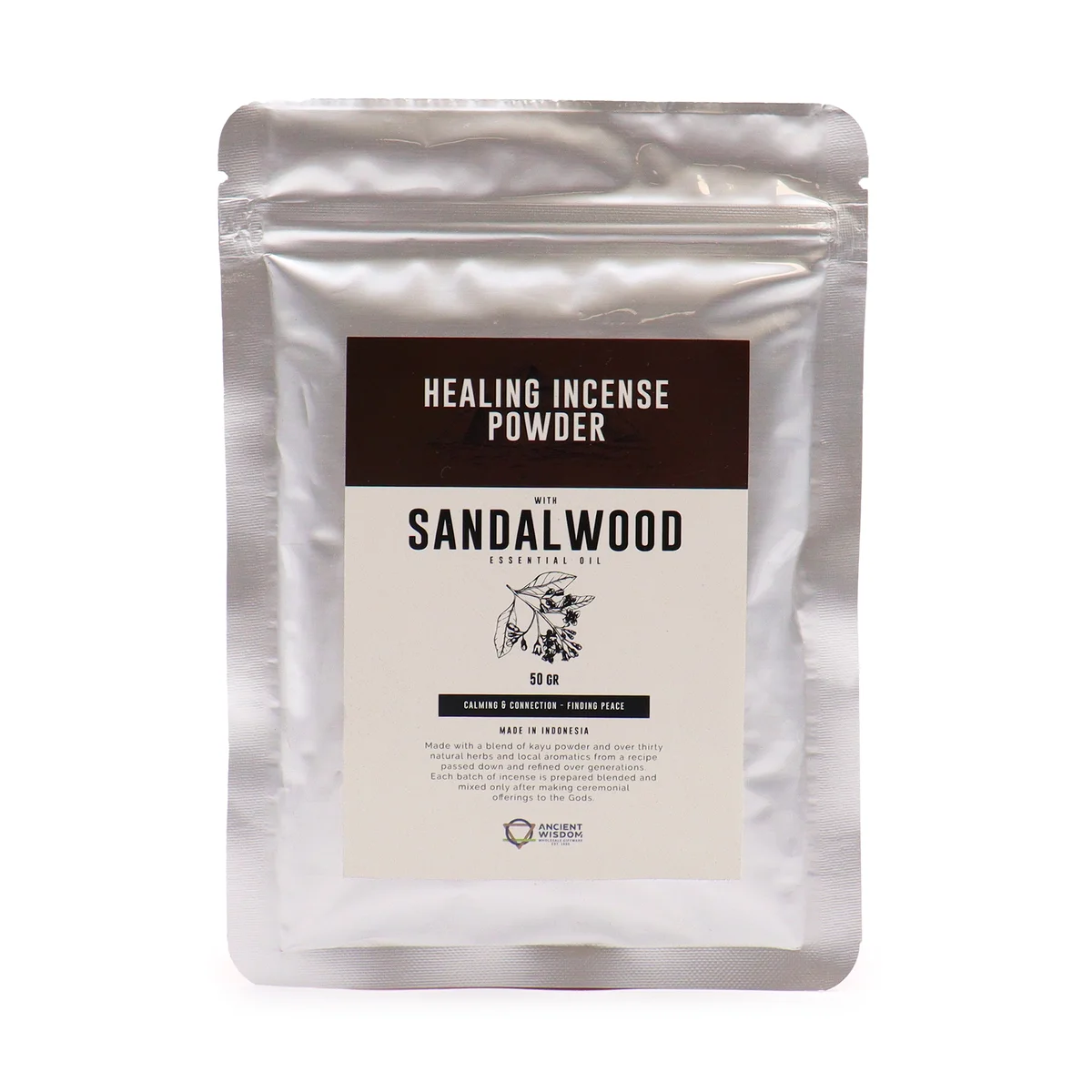 Healing Incense Powder Sandalwood 50gm in a small transparent pouch with natural beige powder inside on a white background