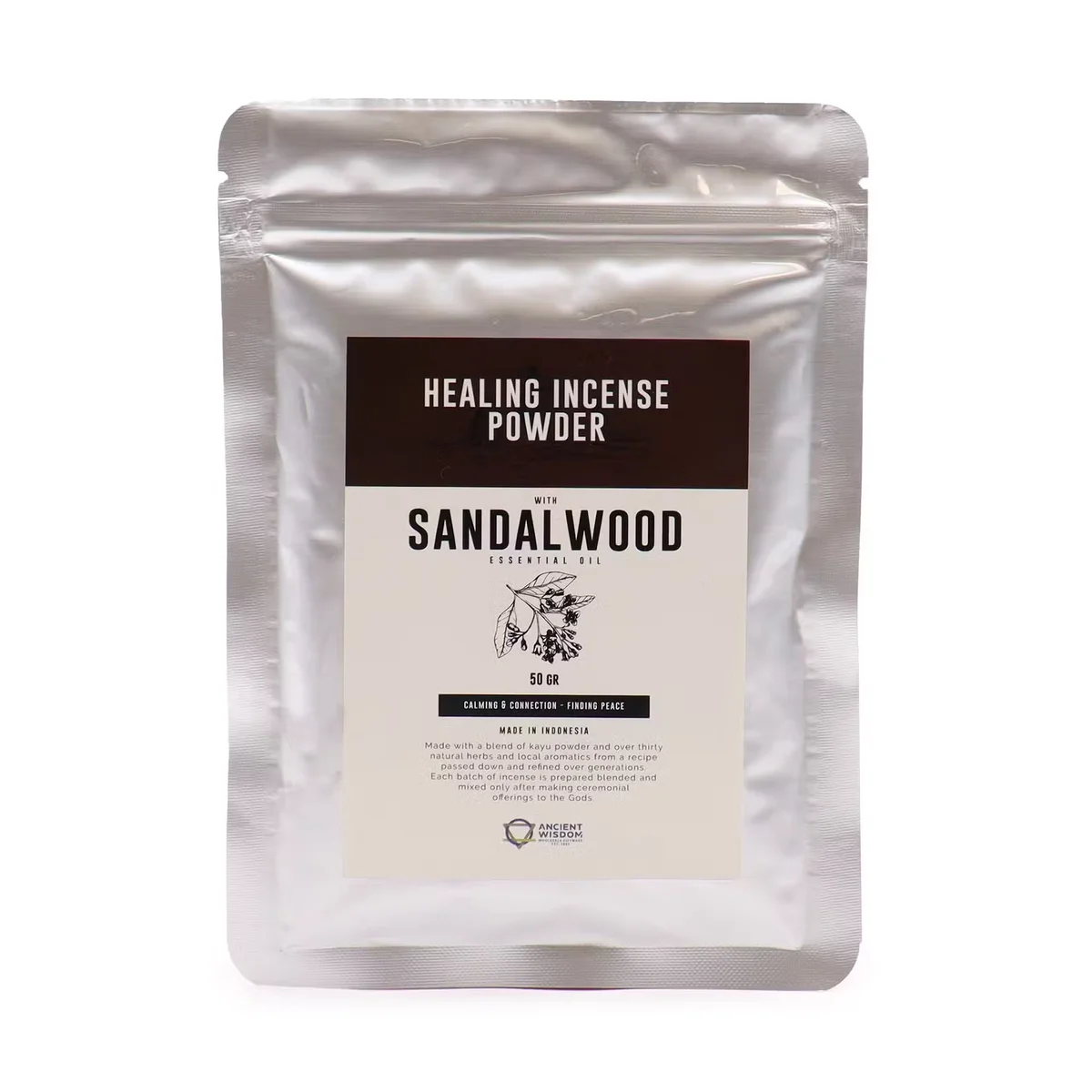 Healing Incense Powder Sandalwood 50gm packet for healing incense UK use on white background
