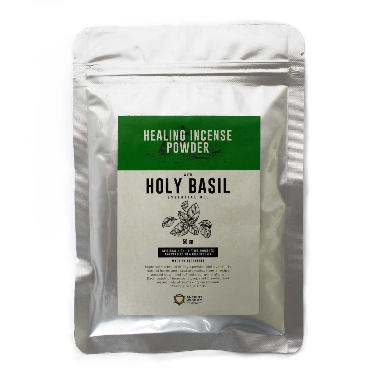 Healing incense powder in a 50gm packet labeled Holy Basil on a plain white background